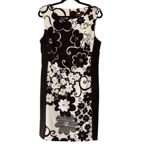 Connected Apparel Dress Floral Sleeveless Sheath Black White Color Block Sz 12 - Picture 1 of 9